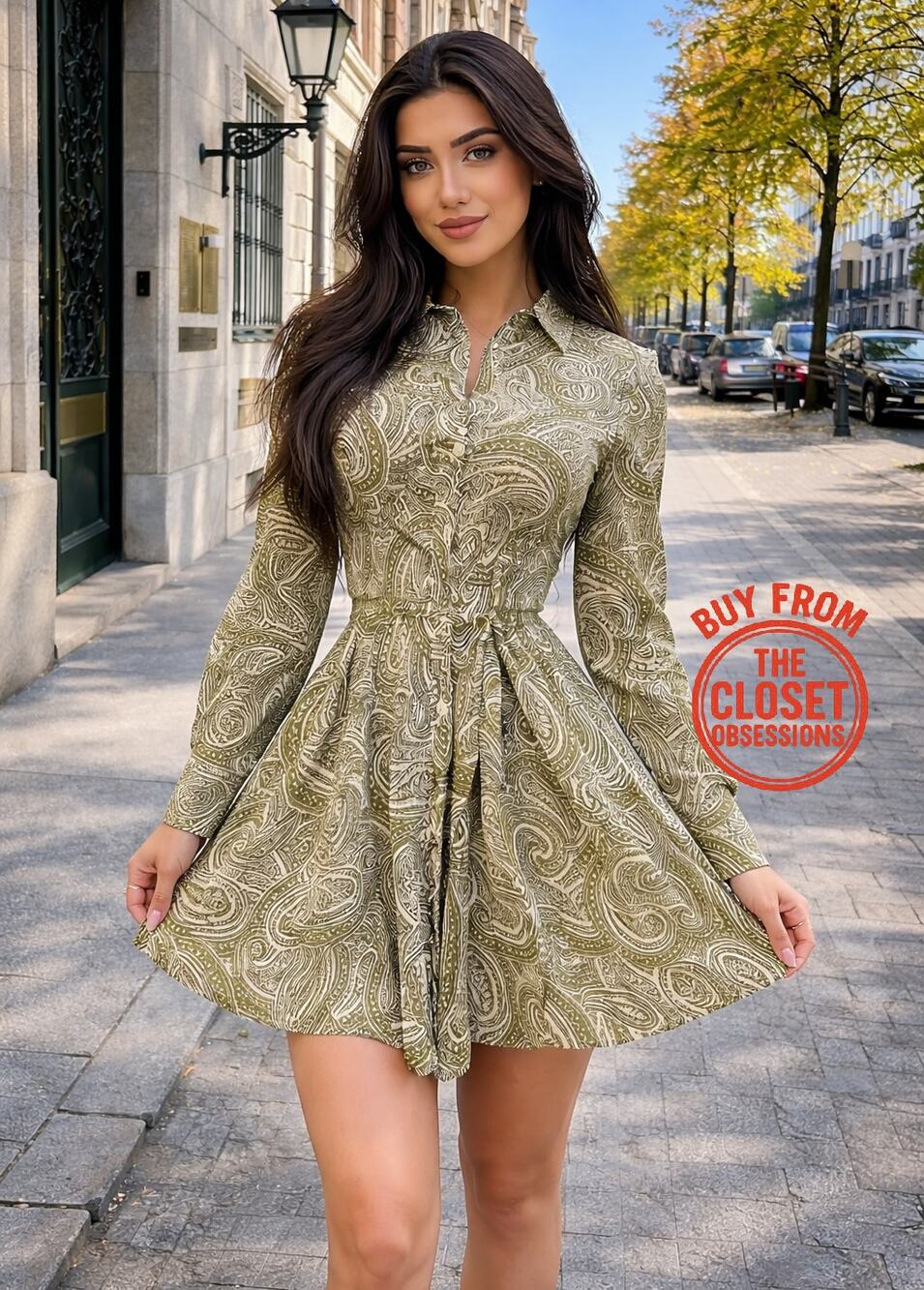 Zara NWT Green Paisley Cotton Belted Mini Dress M
